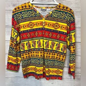 Vintage 90s Simply Basic Henley Shirt Multicolor Paisley Geometric Print Size M
